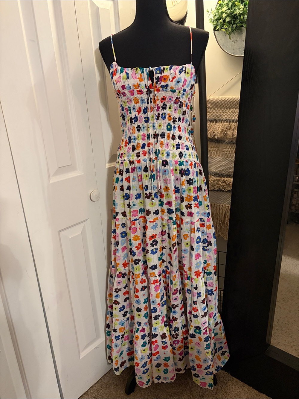 Josephine Smocked Drop-Waist White Maxi Dress  Multicolor Abstract Floral Print